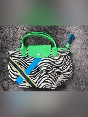 Longchamp Zebra Print Top-Handle Bag with Green Handles and Blue Accents